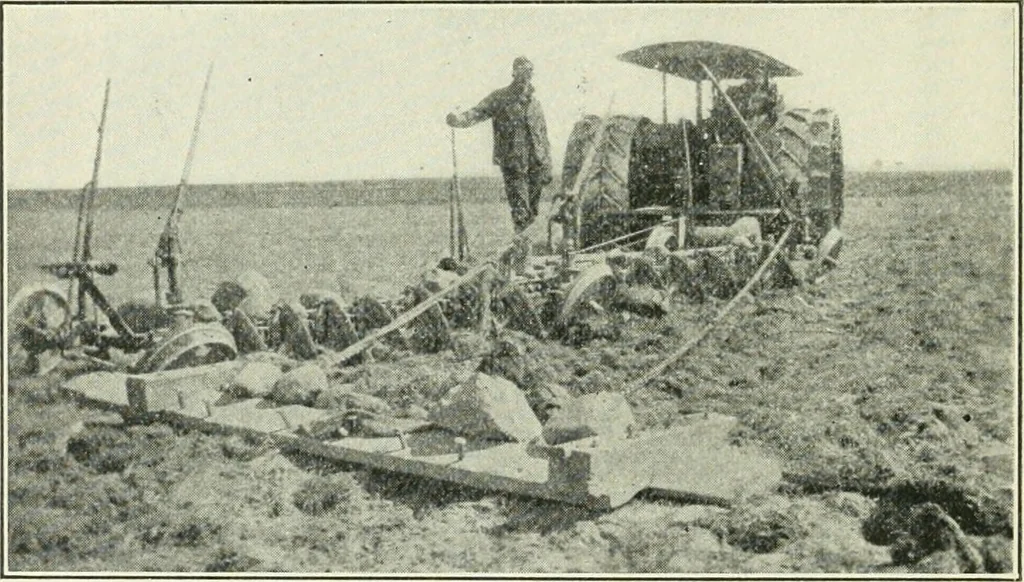 An illustration from The modern gas tractor, its construction, utility, operation and repair: a practical treatise defining every branch of up-to-date gas tractor engineering, driving and maintenance in a non-technical manner. Considers fully all types of power plants and their components, methods of drive and speed changing mechanisms. Describes design and construction as well as practical application of tractors in the field, 1919, leaf 415