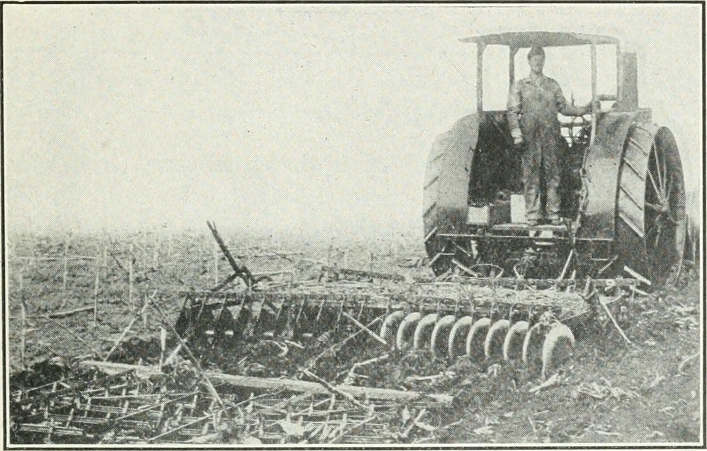 An illustration from The modern gas tractor, its construction, utility, operation and repair: a practical treatise defining every branch of up-to-date gas tractor engineering, driving and maintenance in a non-technical manner. Considers fully all types of power plants and their components, methods of drive and speed changing mechanisms. Describes design and construction as well as practical application of tractors in the field, 1919, leaf 418