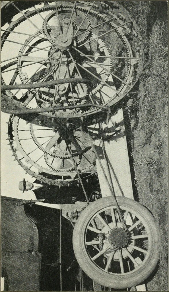 An illustration from The modern gas tractor, its construction, utility, operation and repair: a practical treatise defining every branch of up-to-date gas tractor engineering, driving and maintenance in a non-technical manner. Considers fully all types of power plants and their components, methods of drive and speed changing mechanisms. Describes design and construction as well as practical application of tractors in the field, 1919, leaf 436