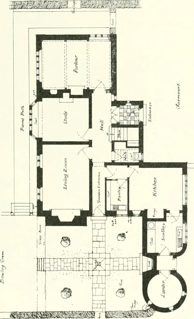 An illustration from The modern home : a book of British domestic architectvre for moderate incomes; a companion volvme to "The British home of to-day", 1906, leaf 74