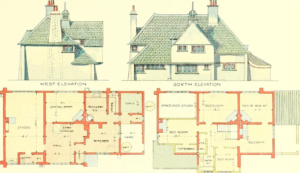 An illustration from The modern home : a book of British domestic architectvre for moderate incomes; a companion volvme to "The British home of to-day", 1906, leaf 98