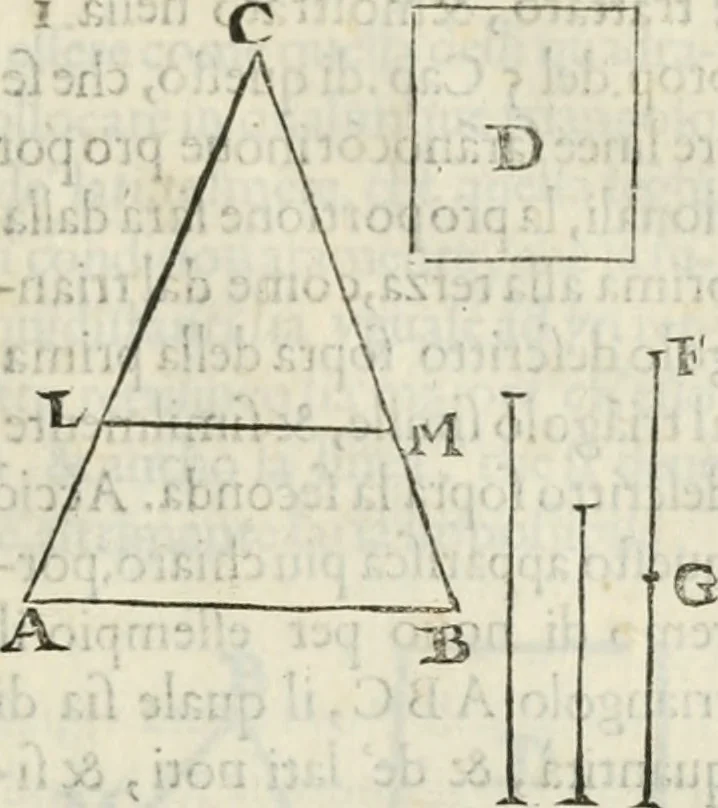 An illustration from Modo del dividere l'allvvioni da qvello di Bartolo, et de gli agrimensori diverso. Mostrato con ragioni mathematiche & con pratica, 1579, leaf 124