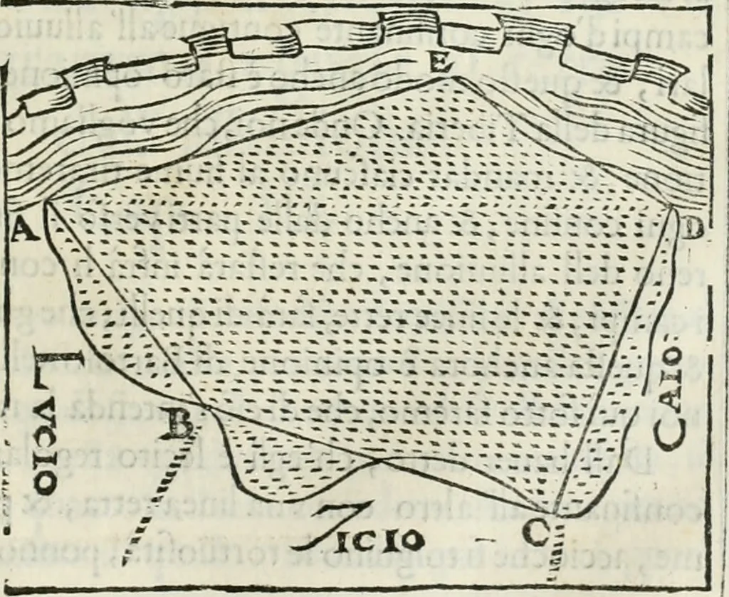 An illustration from Modo del dividere l'allvvioni da qvello di Bartolo, et de gli agrimensori diverso. Mostrato con ragioni mathematiche & con pratica, 1579, leaf 144
