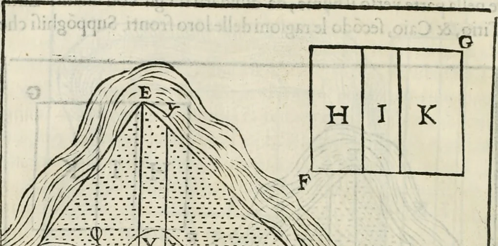An illustration from Modo del dividere l'allvvioni da qvello di Bartolo, et de gli agrimensori diverso. Mostrato con ragioni mathematiche & con pratica, 1579, leaf 159