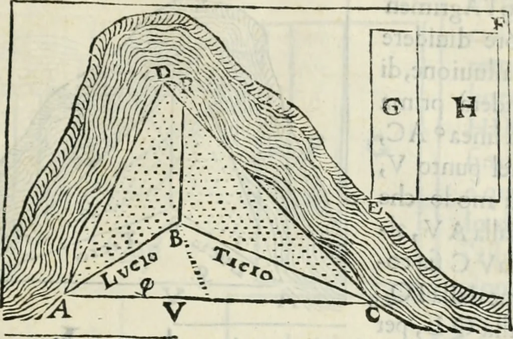 An illustration from Modo del dividere l'allvvioni da qvello di Bartolo, et de gli agrimensori diverso. Mostrato con ragioni mathematiche & con pratica, 1579, leaf 166