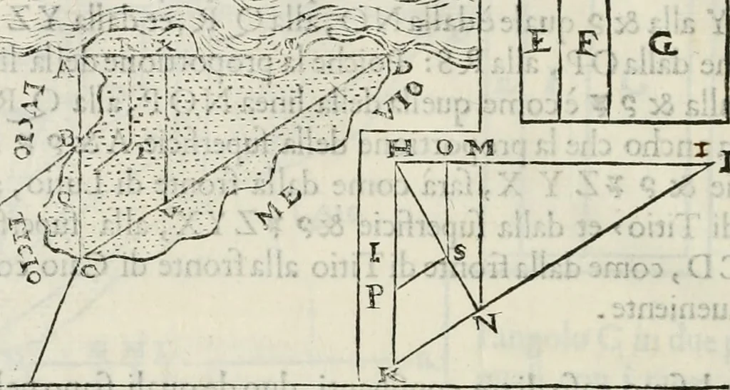An illustration from Modo del dividere l'allvvioni da qvello di Bartolo, et de gli agrimensori diverso. Mostrato con ragioni mathematiche & con pratica, 1579, leaf 171