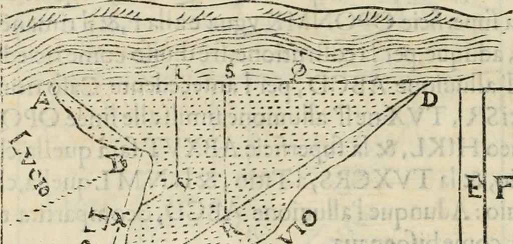 An illustration from Modo del dividere l'allvvioni da qvello di Bartolo, et de gli agrimensori diverso. Mostrato con ragioni mathematiche & con pratica, 1579, leaf 191