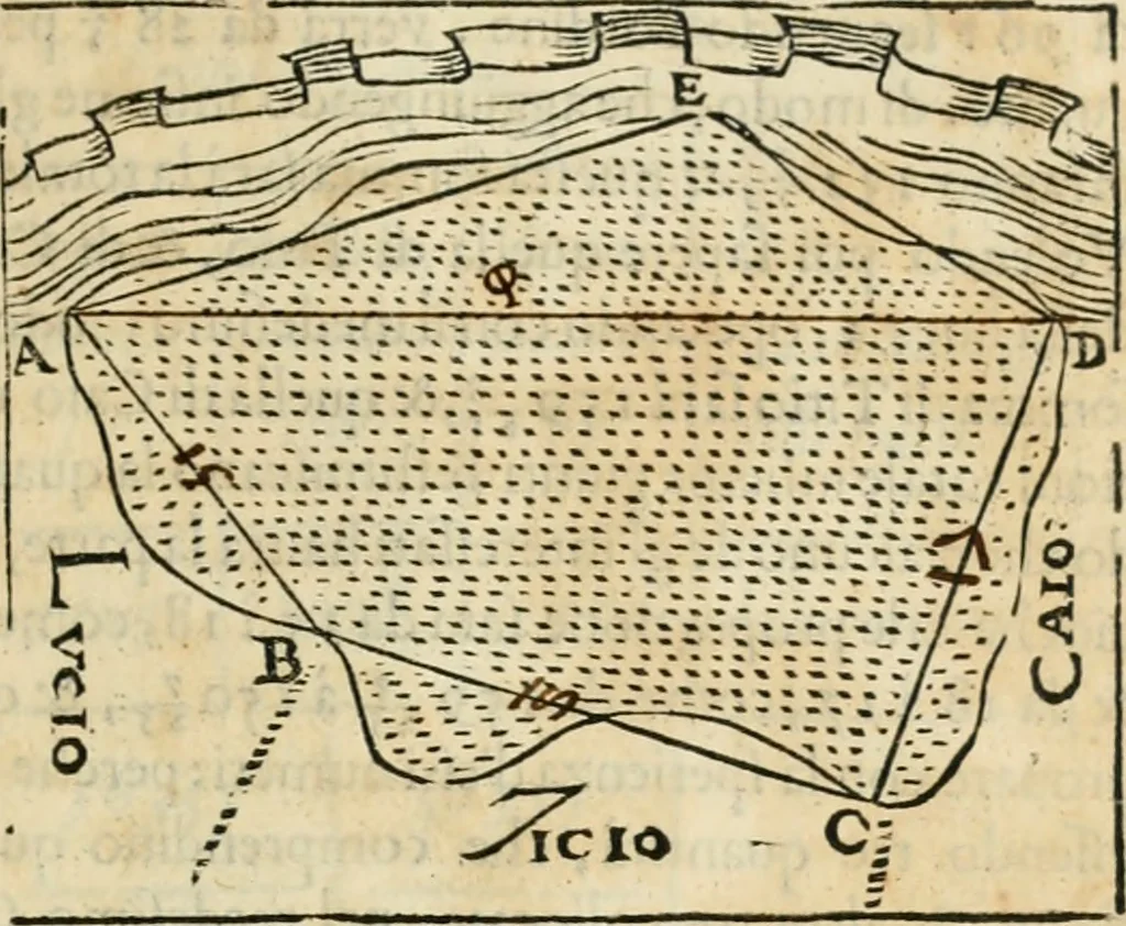 An illustration from Modo del dividere l'allvvioni da qvello di Bartolo, et de gli agrimensori diverso. Mostrato con ragioni mathematiche & con pratica, 1579, leaf 206