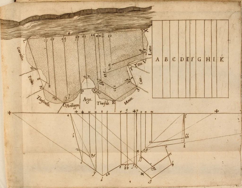 An illustration from Modo del dividere l'allvvioni da qvello di Bartolo, et de gli agrimensori diverso. Mostrato con ragioni mathematiche & con pratica, 1579, leaf 220