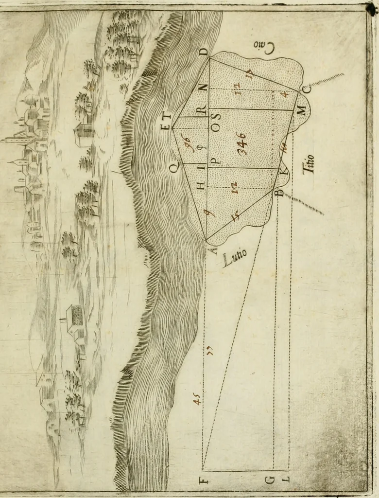 An illustration from Modo del dividere l'allvvioni da qvello di Bartolo, et de gli agrimensori diverso. Mostrato con ragioni mathematiche & con pratica, 1579, leaf 224