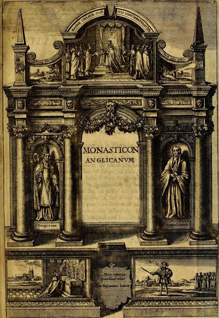 An illustration from Monasticon Anglicanum, or, The history of the ancient abbies, and other monasteries, hospitals, cathedral and collegiate churches in England and Wales. With divers French, Irish, and Scotch monasteries formerly relating to England, 1693, leaf 10