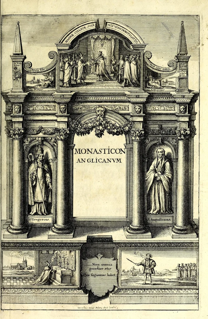 An illustration from Monasticon anglicanum, sive, Pandectae coenobiorum Benedictinorum, Cluniacensium, Cisterciensium, Carthusianorum a primordiis ad eorum usque dissolutionem : ex mss. codd. ad monasteria olim pertinentibus, archivis ... bibliothecis ... digesti, 1655, leaf 7