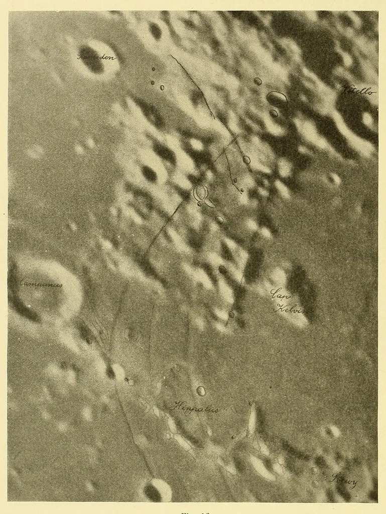 An illustration from Mond-Atlas; nach seinen an der Pia-Stern-warte in Triest angestellten Beobachtungen unter Zugrundelegung der hinterlassenen Zeichnungen und Skizzen. Bearbeitet und mit Unterstützung der kaiserl, 1912, leaf 294