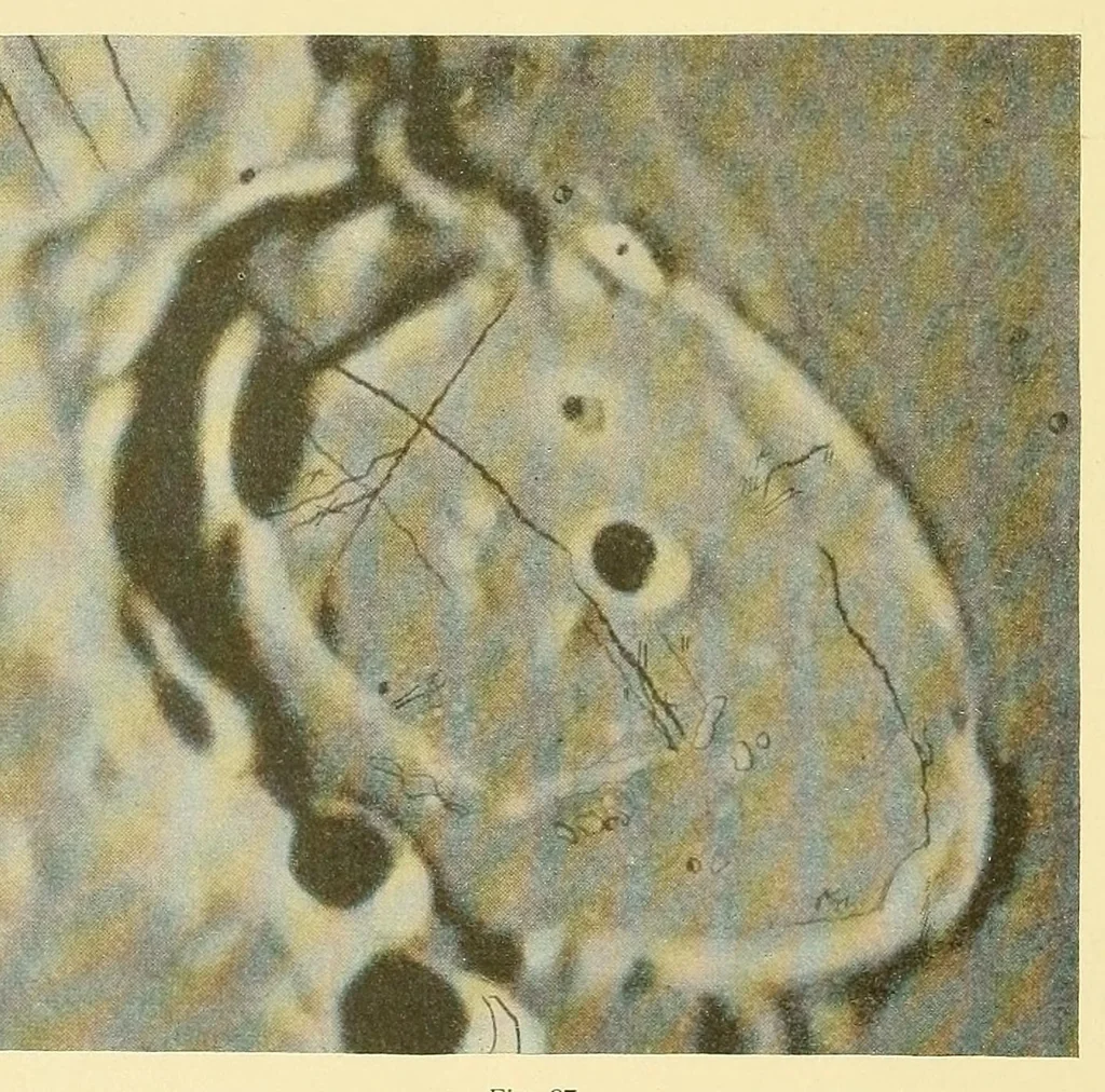 An illustration from Mond-Atlas; nach seinen an der Pia-Stern-warte in Triest angestellten Beobachtungen unter Zugrundelegung der hinterlassenen Zeichnungen und Skizzen. Bearbeitet und mit Unterstützung der kaiserl, 1912, leaf 394