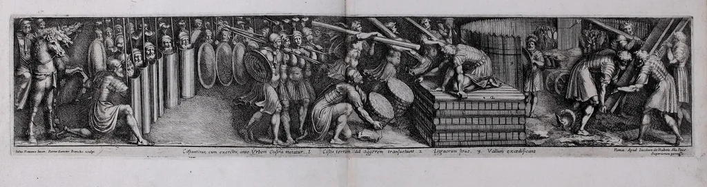 An illustration from Monocromata In Constantiniana Vaticani Aula ab artifice summo Iulio Pippio Romano in fimbrijs parietinarum iconum, Clementis VII iussu, elaborata, vetustate pene consumpta, Petrus Sanctes Bartolus a se delineata in aes aquà incidit simulq. a temporis iniurijs vindicavit, 1655, leaf 19