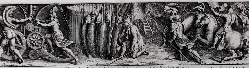 An illustration from Monocromata In Constantiniana Vaticani Aula ab artifice summo Iulio Pippio Romano in fimbrijs parietinarum iconum, Clementis VII iussu, elaborata, vetustate pene consumpta, Petrus Sanctes Bartolus a se delineata in aes aquà incidit simulq. a temporis iniurijs vindicavit, 1655, leaf 29