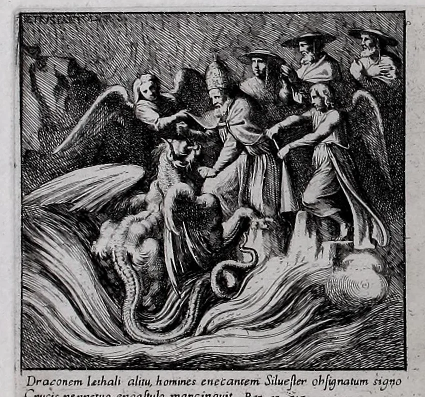 An illustration from Monocromata In Constantiniana Vaticani Aula ab artifice summo Iulio Pippio Romano in fimbrijs parietinarum iconum, Clementis VII iussu, elaborata, vetustate pene consumpta, Petrus Sanctes Bartolus a se delineata in aes aquà incidit simulq. a temporis iniurijs vindicavit, 1655, leaf 33