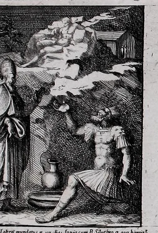 An illustration from Monocromata In Constantiniana Vaticani Aula ab artifice summo Iulio Pippio Romano in fimbrijs parietinarum iconum, Clementis VII iussu, elaborata, vetustate pene consumpta, Petrus Sanctes Bartolus a se delineata in aes aquà incidit simulq. a temporis iniurijs vindicavit, 1655, leaf 41