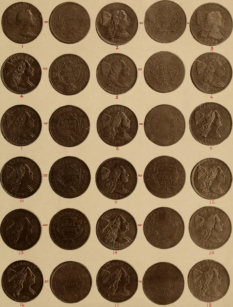 An illustration from Monograph of United States cents and half cents issued between the years 1793 and 1857: to which is added a table of the principal coins, tokens, jetons, medalets, patterns of coinage and Washington pieces, generally classified under the head of colonial coins. A contribution to the numismatic history of the United States, 1878, leaf 10