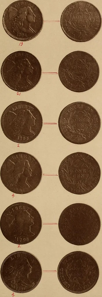 An illustration from Monograph of United States cents and half cents issued between the years 1793 and 1857: to which is added a table of the principal coins, tokens, jetons, medalets, patterns of coinage and Washington pieces, generally classified under the head of colonial coins. A contribution to the numismatic history of the United States, 1878, leaf 12