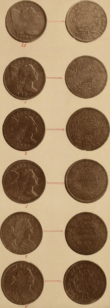 An illustration from Monograph of United States cents and half cents issued between the years 1793 and 1857: to which is added a table of the principal coins, tokens, jetons, medalets, patterns of coinage and Washington pieces, generally classified under the head of colonial coins. A contribution to the numismatic history of the United States, 1878, leaf 12