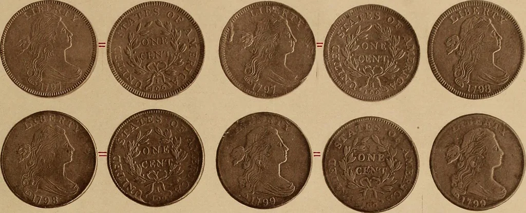 An illustration from Monograph of United States cents and half cents issued between the years 1793 and 1857: to which is added a table of the principal coins, tokens, jetons, medalets, patterns of coinage and Washington pieces, generally classified under the head of colonial coins. A contribution to the numismatic history of the United States, 1878, leaf 14