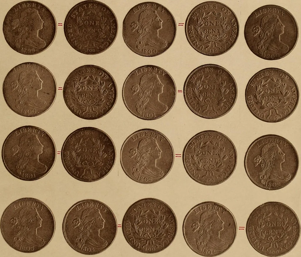An illustration from Monograph of United States cents and half cents issued between the years 1793 and 1857: to which is added a table of the principal coins, tokens, jetons, medalets, patterns of coinage and Washington pieces, generally classified under the head of colonial coins. A contribution to the numismatic history of the United States, 1878, leaf 14