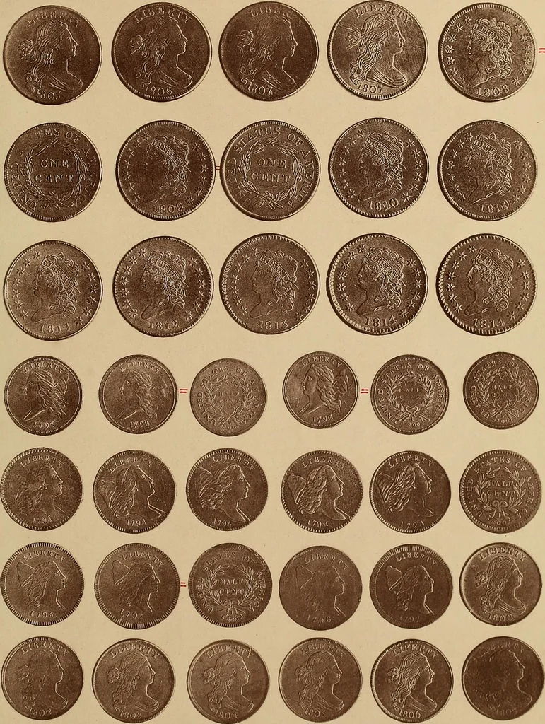 An illustration from Monograph of United States cents and half cents issued between the years 1793 and 1857: to which is added a table of the principal coins, tokens, jetons, medalets, patterns of coinage and Washington pieces, generally classified under the head of colonial coins. A contribution to the numismatic history of the United States, 1878, leaf 16