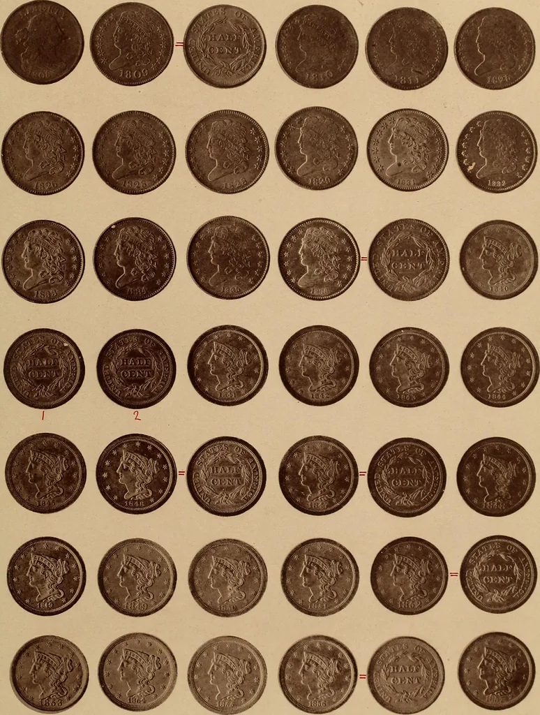 An illustration from Monograph of United States cents and half cents issued between the years 1793 and 1857: to which is added a table of the principal coins, tokens, jetons, medalets, patterns of coinage and Washington pieces, generally classified under the head of colonial coins. A contribution to the numismatic history of the United States, 1878, leaf 18