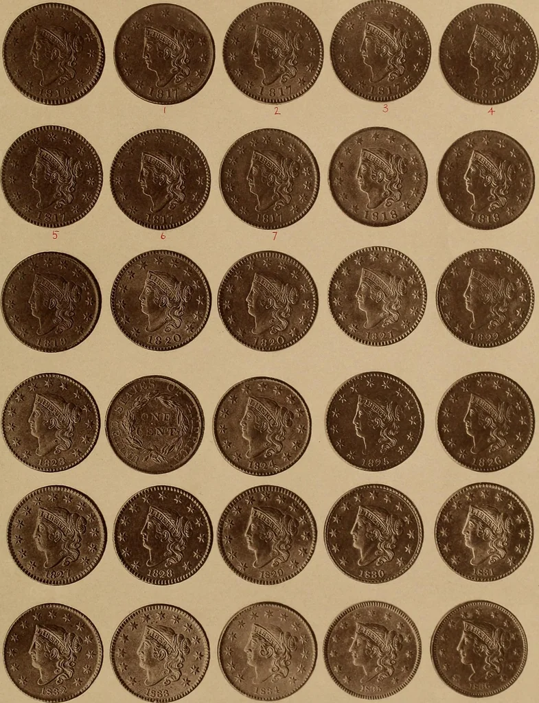 An illustration from Monograph of United States cents and half cents issued between the years 1793 and 1857: to which is added a table of the principal coins, tokens, jetons, medalets, patterns of coinage and Washington pieces, generally classified under the head of colonial coins. A contribution to the numismatic history of the United States, 1878, leaf 20