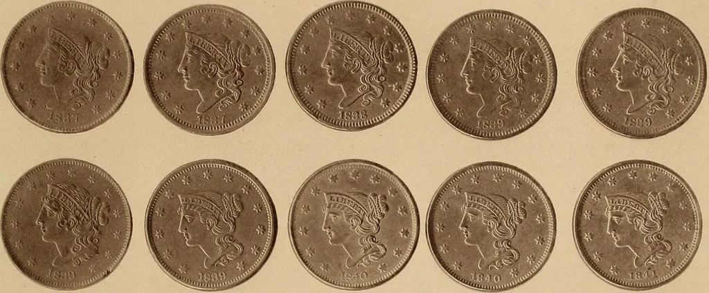 An illustration from Monograph of United States cents and half cents issued between the years 1793 and 1857: to which is added a table of the principal coins, tokens, jetons, medalets, patterns of coinage and Washington pieces, generally classified under the head of colonial coins. A contribution to the numismatic history of the United States, 1878, leaf 22