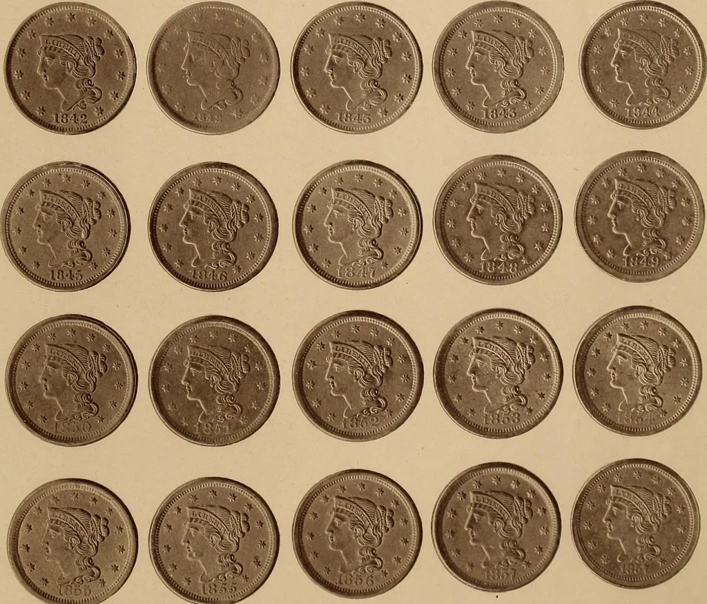 An illustration from Monograph of United States cents and half cents issued between the years 1793 and 1857: to which is added a table of the principal coins, tokens, jetons, medalets, patterns of coinage and Washington pieces, generally classified under the head of colonial coins. A contribution to the numismatic history of the United States, 1878, leaf 22