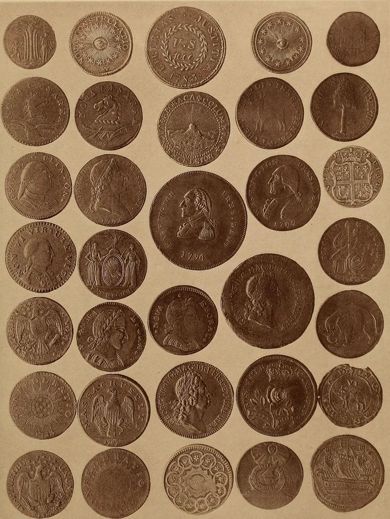 An illustration from Monograph of United States cents and half cents issued between the years 1793 and 1857: to which is added a table of the principal coins, tokens, jetons, medalets, patterns of coinage and Washington pieces, generally classified under the head of colonial coins. A contribution to the numismatic history of the United States, 1878, leaf 24