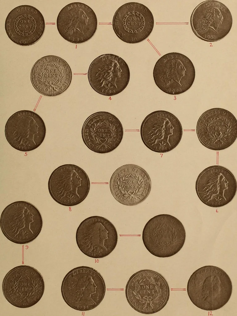 An illustration from Monograph of United States cents and half cents issued between the years 1793 and 1857: to which is added a table of the principal coins, tokens, jetons, medalets, patterns of coinage and Washington pieces, generally classified under the head of colonial coins. A contribution to the numismatic history of the United States, 1878, leaf 8