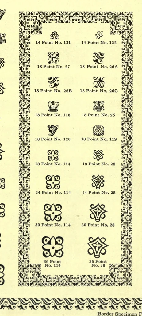 An illustration from The monotype specimen book of type faces. A complete catalog of matrices made for use with the monotype composing machine and with type & rule caster, 1922, leaf 649