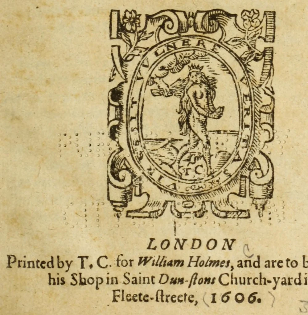 An illustration from Monsievr D'Olive. : A Comedie, as it vvas sundrie times acted by her Maiesties children at the Blacke-Friers., 1606, leaf 7