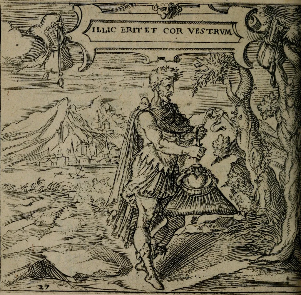 An illustration from Monumenta emblematorum Christianorum virtutum : tum politicarum, tum oeconomicarum chorum centuria una adumbrantia. ..., 1619, leaf 145
