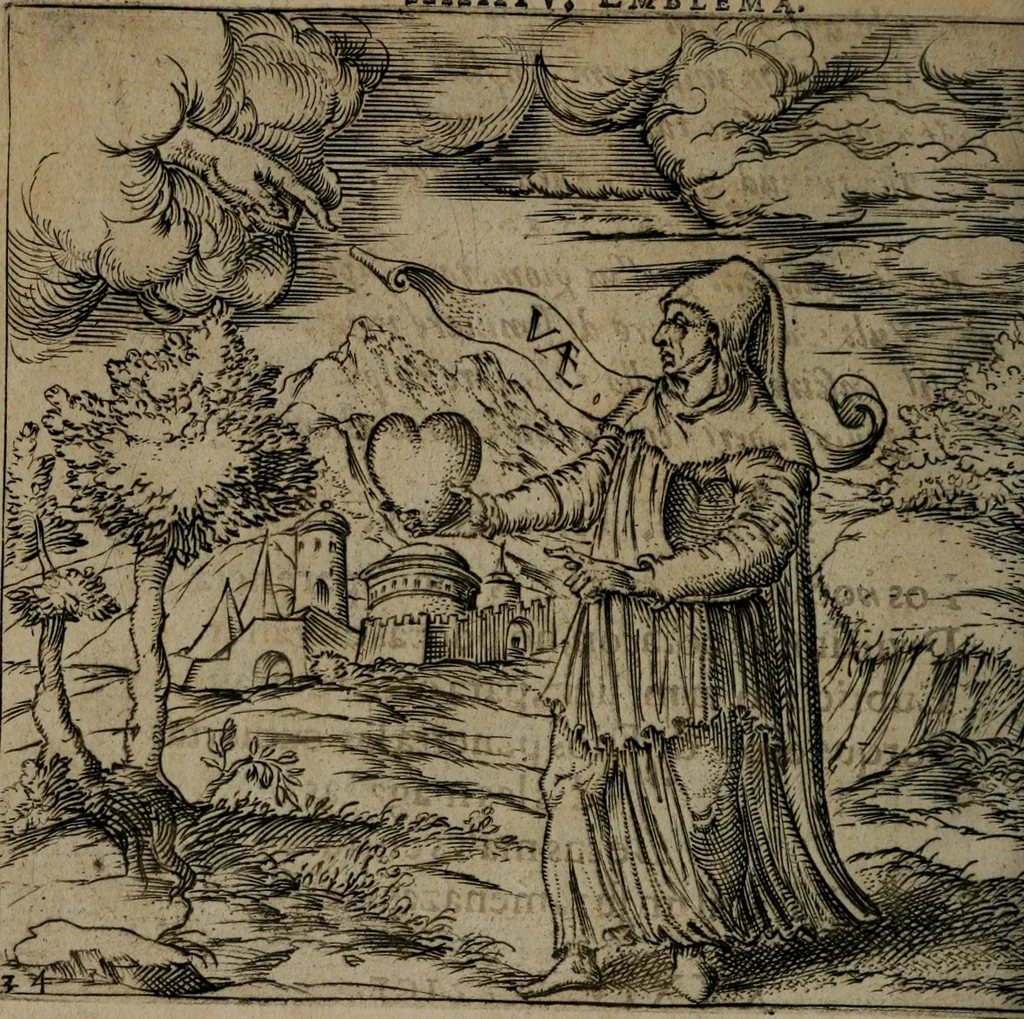 An illustration from Monumenta emblematorum Christianorum virtutum : tum politicarum, tum oeconomicarum chorum centuria una adumbrantia. ..., 1619, leaf 173