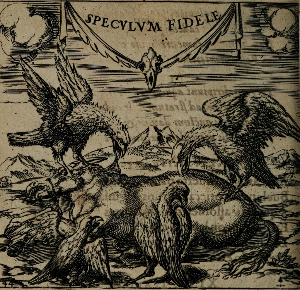 An illustration from Monumenta emblematorum Christianorum virtutum : tum politicarum, tum oeconomicarum chorum centuria una adumbrantia. ..., 1619, leaf 213