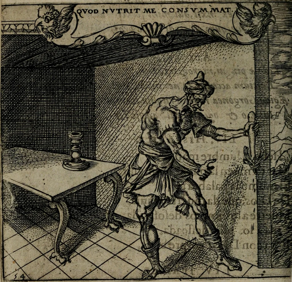 An illustration from Monumenta emblematorum Christianorum virtutum : tum politicarum, tum oeconomicarum chorum centuria una adumbrantia. ..., 1619, leaf 253