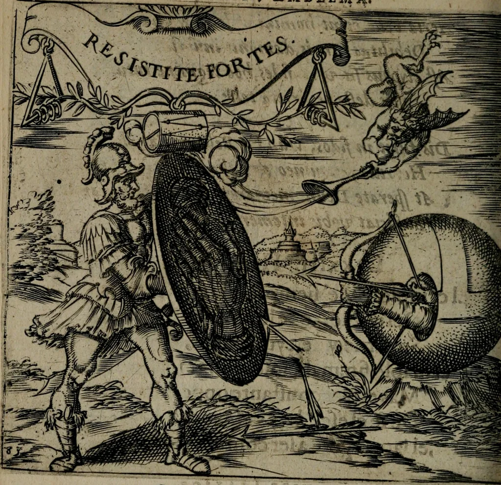 An illustration from Monumenta emblematorum Christianorum virtutum : tum politicarum, tum oeconomicarum chorum centuria una adumbrantia. ..., 1619, leaf 369