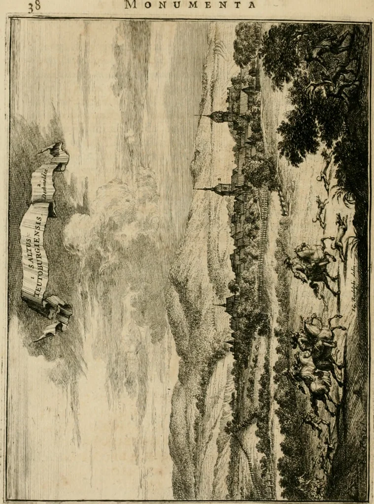 An illustration from Monumenta Paderbornensia : ex historia Romana, Francica, Saxonica eruta, et novis inscriptionibus, figuris, tabulis geographicis & notis illustrata. Accedunt Caroli M. Capitulatio de partibus Saxoniae, ex antiquissimo MS. Palatino Bibliothecae Vaticanae, & Panegyricus Paderbornensis, 1672, leaf 101