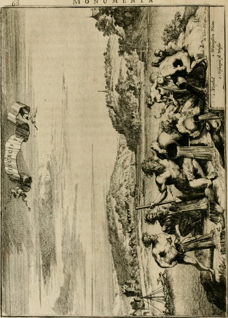 An illustration from Monumenta Paderbornensia : ex historia Romana, Francica, Saxonica eruta, et novis inscriptionibus, figuris, tabulis geographicis & notis illustrata. Accedunt Caroli M. Capitulatio de partibus Saxoniae, ex antiquissimo MS. Palatino Bibliothecae Vaticanae, & Panegyricus Paderbornensis, 1672, leaf 131