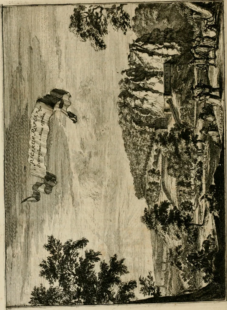 An illustration from Monumenta Paderbornensia : ex historia Romana, Francica, Saxonica eruta, et novis inscriptionibus, figuris, tabulis geographicis & notis illustrata. Accedunt Caroli M. Capitulatio de partibus Saxoniae, ex antiquissimo MS. Palatino Bibliothecae Vaticanae, & Panegyricus Paderbornensis, 1672, leaf 135