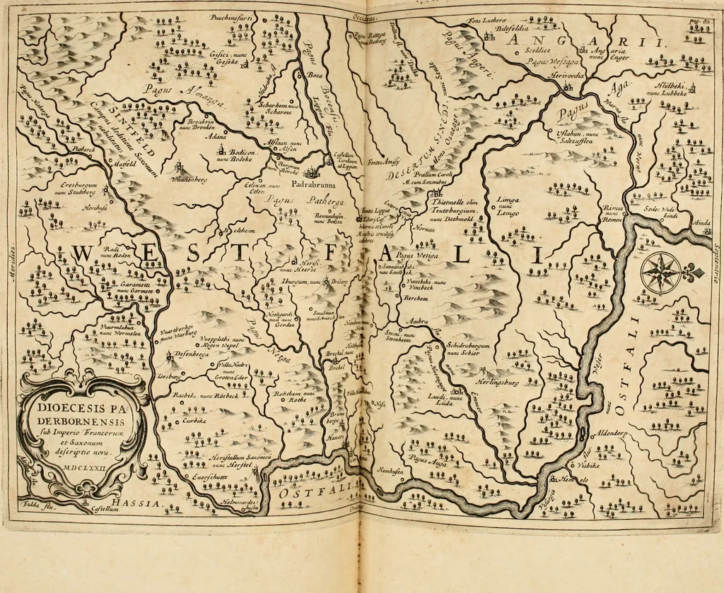 An illustration from Monumenta Paderbornensia : ex historia Romana, Francica, Saxonica eruta, et novis inscriptionibus, figuris, tabulis geographicis & notis illustrata. Accedunt Caroli M. Capitulatio de partibus Saxoniae, ex antiquissimo MS. Palatino Bibliothecae Vaticanae, & Panegyricus Paderbornensis, 1672, leaf 145