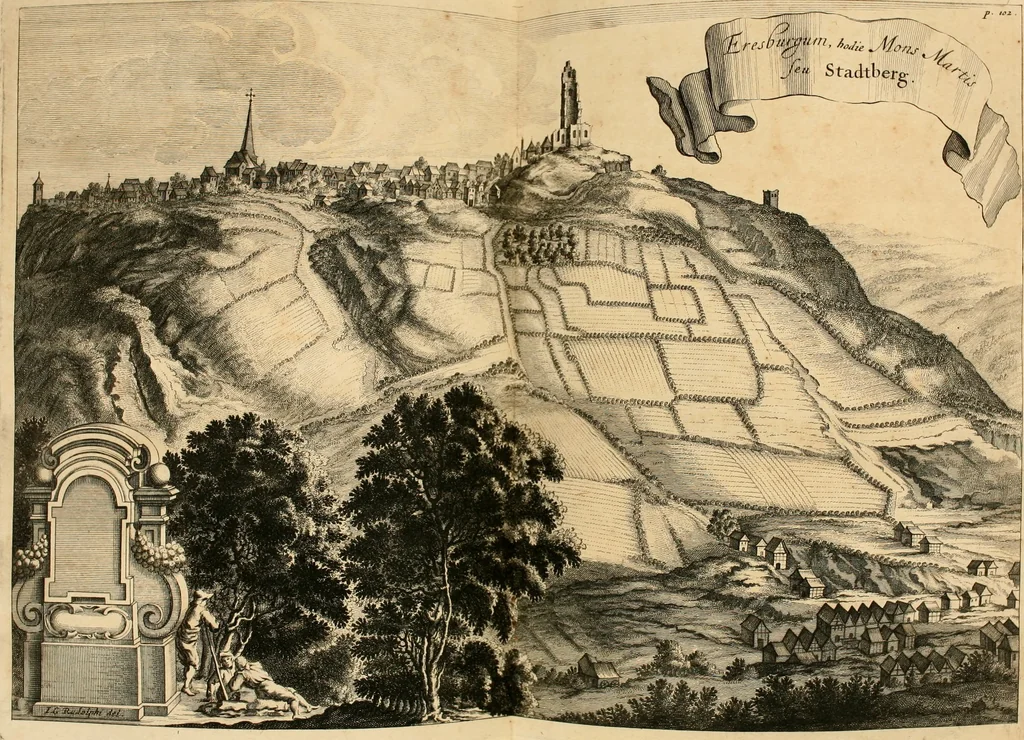 An illustration from Monumenta Paderbornensia : ex historia Romana, Francica, Saxonica eruta, et novis inscriptionibus, figuris, tabulis geographicis & notis illustrata. Accedunt Caroli M. Capitulatio de partibus Saxoniae, ex antiquissimo MS. Palatino Bibliothecae Vaticanae, & Panegyricus Paderbornensis, 1672, leaf 169