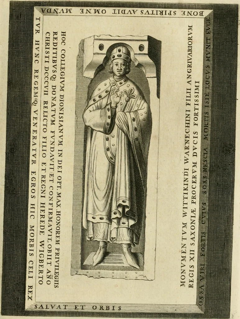 An illustration from Monumenta Paderbornensia : ex historia Romana, Francica, Saxonica eruta, et novis inscriptionibus, figuris, tabulis geographicis & notis illustrata. Accedunt Caroli M. Capitulatio de partibus Saxoniae, ex antiquissimo MS. Palatino Bibliothecae Vaticanae, & Panegyricus Paderbornensis, 1672, leaf 214