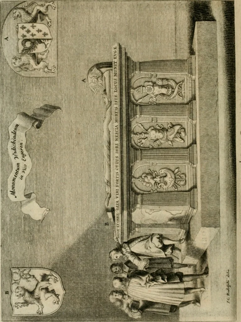 An illustration from Monumenta Paderbornensia : ex historia Romana, Francica, Saxonica eruta, et novis inscriptionibus, figuris, tabulis geographicis & notis illustrata. Accedunt Caroli M. Capitulatio de partibus Saxoniae, ex antiquissimo MS. Palatino Bibliothecae Vaticanae, & Panegyricus Paderbornensis, 1672, leaf 215