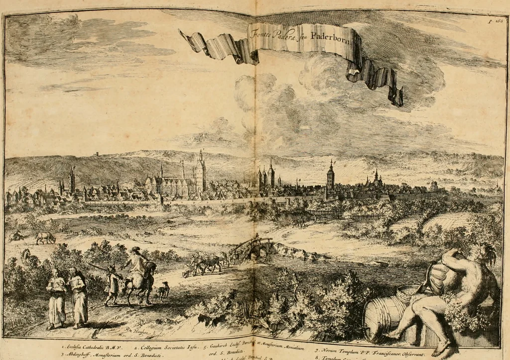 An illustration from Monumenta Paderbornensia : ex historia Romana, Francica, Saxonica eruta, et novis inscriptionibus, figuris, tabulis geographicis & notis illustrata. Accedunt Caroli M. Capitulatio de partibus Saxoniae, ex antiquissimo MS. Palatino Bibliothecae Vaticanae, & Panegyricus Paderbornensis, 1672, leaf 237
