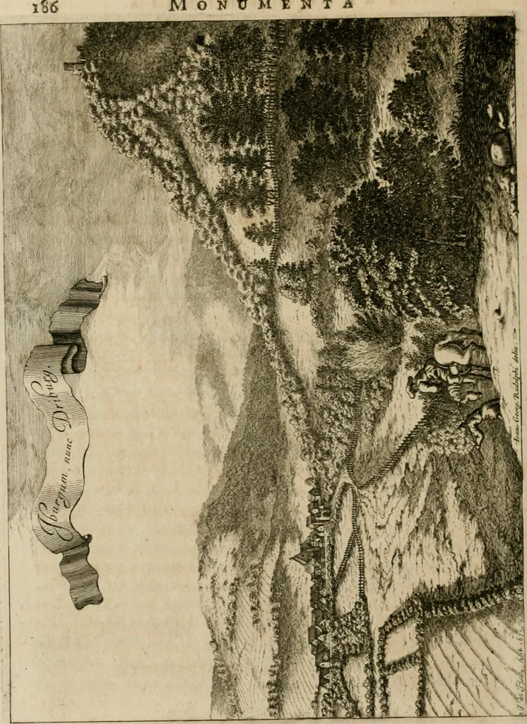 An illustration from Monumenta Paderbornensia : ex historia Romana, Francica, Saxonica eruta, et novis inscriptionibus, figuris, tabulis geographicis & notis illustrata. Accedunt Caroli M. Capitulatio de partibus Saxoniae, ex antiquissimo MS. Palatino Bibliothecae Vaticanae, & Panegyricus Paderbornensis, 1672, leaf 255